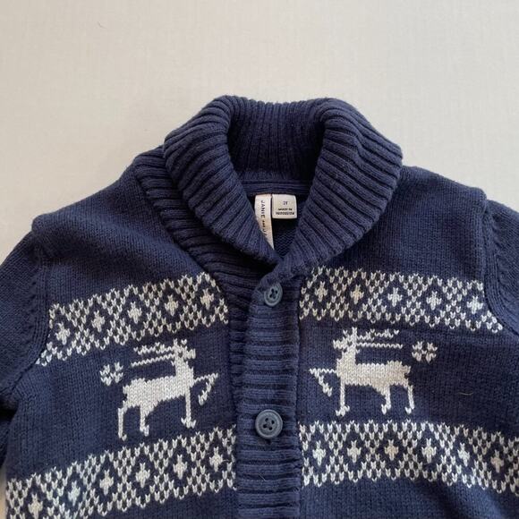 Janie and Jack Navy Blue Reindeer/Fair Isle Shawl Collar Cardigan, 2T - Picture 7 of 13
